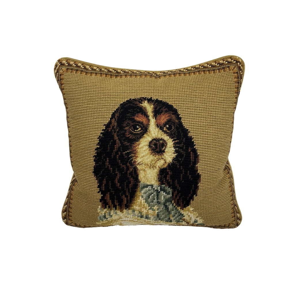 Ethan Allen Cavalier King Charles Spaniel Needlepoint Wool Velvet Pillow